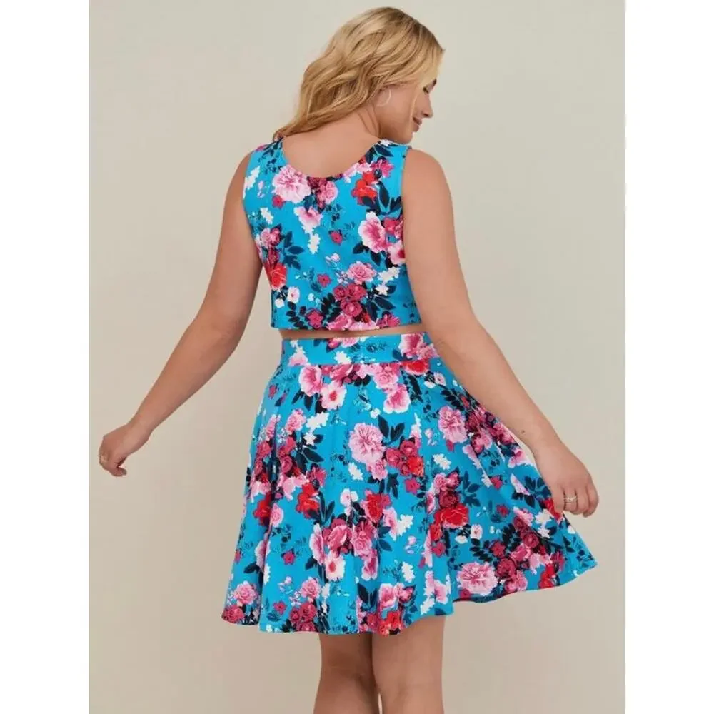 TORRID Mini Scuba Skater Set Women's Plus Size 2 Top Skirt $76 Floral Blue 2X - Picture 9 of 11